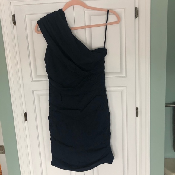 Navy ruched one-shouldered cocktail dress - Picture 2 of 5